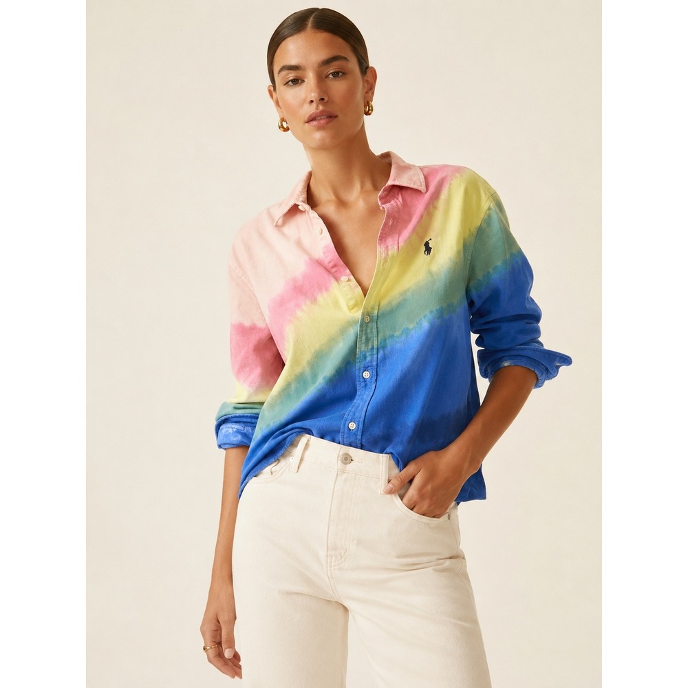 Polo Ralph Lauren Button Down Women 14 Rainbow Tie Dye Pony Logo Cotton Shirt